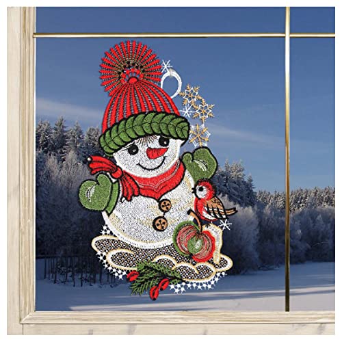 DSD Design-Studio Drechsler Winter-Fensterbild niedlicher Schneemann Fenster-Dekoration Weihnachten aus Plauener Spitze mit Vögelchen 24x15 cm von DSD Design-Studio Drechsler