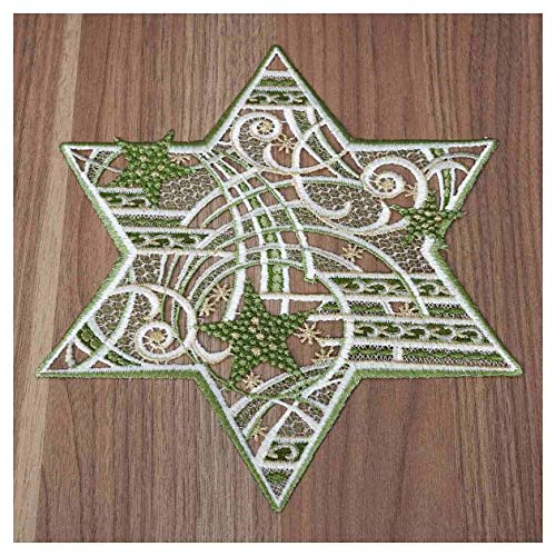 DSD Design-Studio Drechsler Winter-Tischdecke Sternenschweif Plauener Spitze modernes Deckchen Stern mit Mustern Tischdeko Weihnachten grün-Gold von DSD Design-Studio Drechsler
