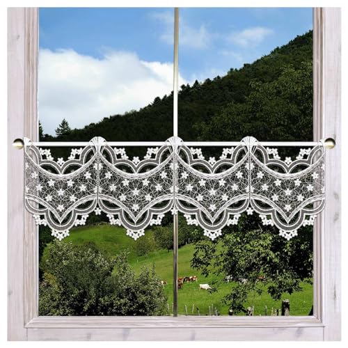 Feenhaus-Scheibengardine Blumenteppich Echte Plauener Spitze Stangendeko mit kleinen Blüten in weiß-braun 25 x 74 cm von DSD Design-Studio Drechsler