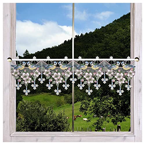Feenhaus-Scheibengardine Vogelgezwitscher Plauener Spitze mit Kirschblütenzweig Stangendeko für den Frühling 23 x 74 cm von DSD Design-Studio Drechsler