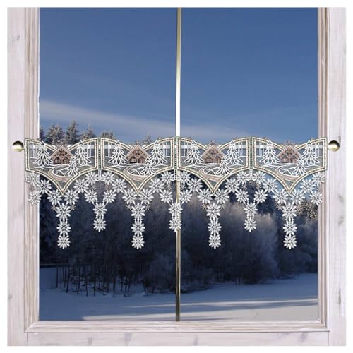 Feenhaus-Scheibenhänger Winterhaus Plauener Spitze | Landhaus Winterdeko mit Schneeflocken | Scheibengardine mit verschneiter Winterlandschaft und Fachwerkhaus Spitzengardine 28 cm hoch, viele Breiten von DSD Design-Studio Drechsler