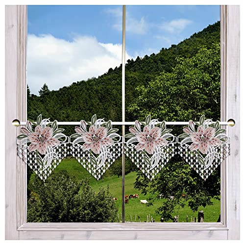 Feenhaus-Spitzengardine Leila mit Lilien in rosa Scheibengardine aus Plauener Spitze modern 23 x 72 cm Feenhaus-Spitzengardine Leila mit Lilien in rosa Scheibengardine aus Plauener Spitze modern 23 x 72 cm von DSD Design-Studio Drechsler