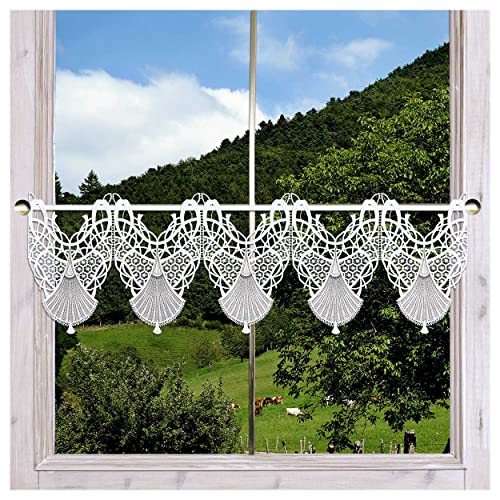 Feenhaus-Scheibengardine Romina grau-Taupe Vogtländische Spitze | ausgefallene, kunstvolle Luftspitze mit geometrischem Muster im Fächer-Design, filigran geschwungene Linien Höhe x Breite 25 x 128 cm von DSD Design-Studio Drechsler