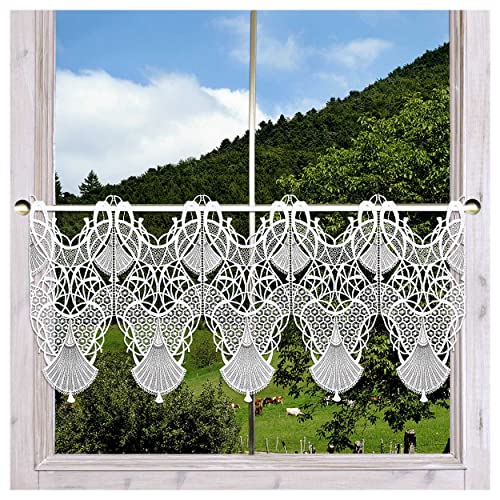 Feenhaus-Scheibengardine Romina grau-Taupe Vogtländische Spitze | ausgefallene, kunstvolle Luftspitze mit geometrischem Muster im Fächer-Design, filigran geschwungene Linien Höhe x Breite 38 x 128 cm von DSD Design-Studio Drechsler