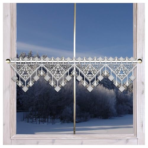 Feenhaus-Spitzengardine Winterbäumchen | Moderne Winterdeko Plauener Spitze | Mini-Scheibenhänger mit Tannenbäumen und geometrischen Mustern in weiß-Gold | Fensterdeko 20cm hoch, viele Breiten von DSD Design-Studio Drechsler
