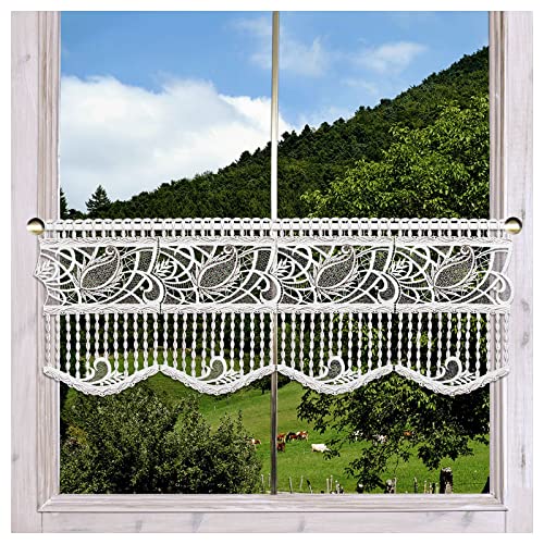 Feenhausspitze modernes Mini-Panneaux Rajana Echte Plauener Spitze Scheibengardine in weiß-Taupe 28 cm hoch von DSD Design-Studio Drechsler