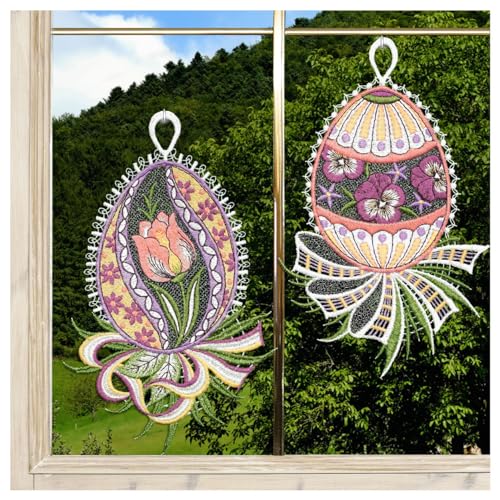 Oster-Fensterbild 2er Set Gestickte Ostereier mit Tulpe und Stiefmütterchen lachs-lila aus Vogtländischer Spitze | Große Schleife als Osternest | Farbenfrohe Frühlings-Deko 21x13 cm, inkl. Saughaken von DSD Design-Studio Drechsler