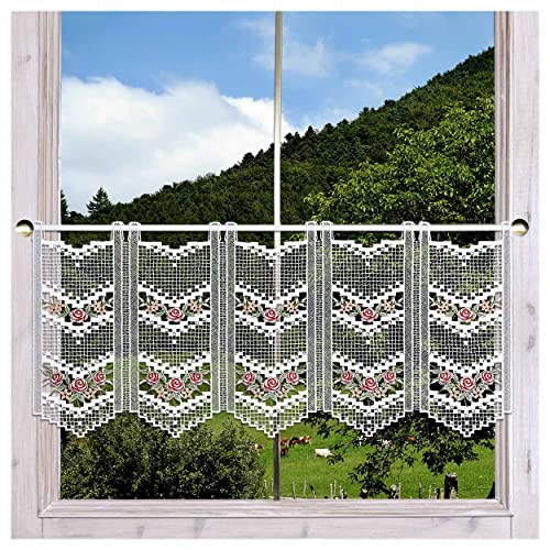 Landhaus-Scheibengardine Rosalie in rot aus Plauener Spitze Mini-Scheibenhänger mit Rosen-Blüten und Karo-Muster 35 x 64 cm von DSD Design-Studio Drechsler