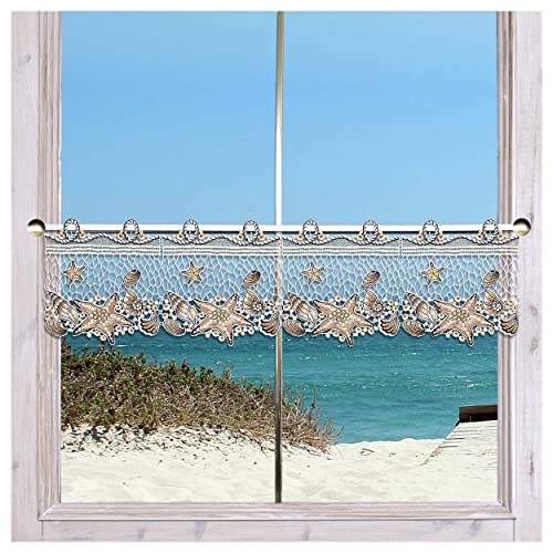 Maritime Feenhaus-Scheibengardine Seesterne und Muscheln Beige Vogtländische Spitze | Meeres-Träumerei für Ihre Fenster in Bad, Küche, Gästewohnung | hochwertig gestickte Spitzenkante HxB 20 x 55 cm von DSD Design-Studio Drechsler