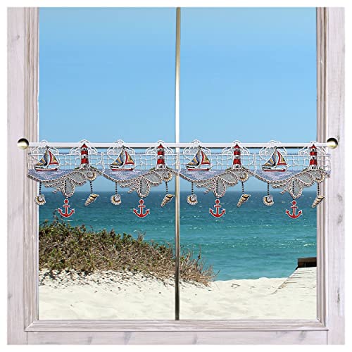 Maritime Feenhaus-Spitzengardine Meeresbrise aus Echter Plauener Spitze Scheibenhänger mit Leuchtturm und Segelboot 19 cm hoch Maritime Feenhaus-Spitzengardine Meeresbrise aus Echter Plauener Spitze Scheibenhänger mit Leuchtturm und Segelboot 19 cm hoch von DSD Design-Studio Drechsler
