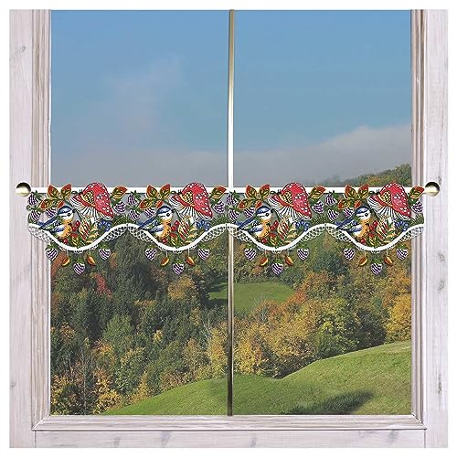 Mini-Scheibenhänger Herbstfreunde | Niedliche Herbstdeko Plauener Spitze | Feenhaus-Spitzengardine mit Blaumeise Fliegenpilz Herbstfrüchte tanzende Blätter bunt Fensterdeko 17cm hoch, viele Breiten Mini-Scheibenhänger Herbstfreunde | Niedliche Herbstdeko Plauener Spitze | Feenhaus-Spitzengardine mit Blaumeise Fliegenpilz Herbstfrüchte tanzende Blätter bunt Fensterdeko 17cm hoch, viele Breiten von DSD Design-Studio Drechsler