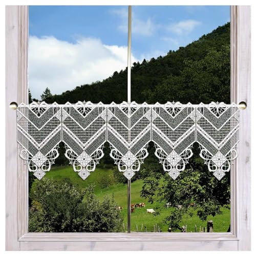 Moderne Kurzgardine Venka aus Echter Plauener Spitze Scheibengardine mit geometrischem Muster in weiß-grau 28 x 96 cm von DSD Design-Studio Drechsler