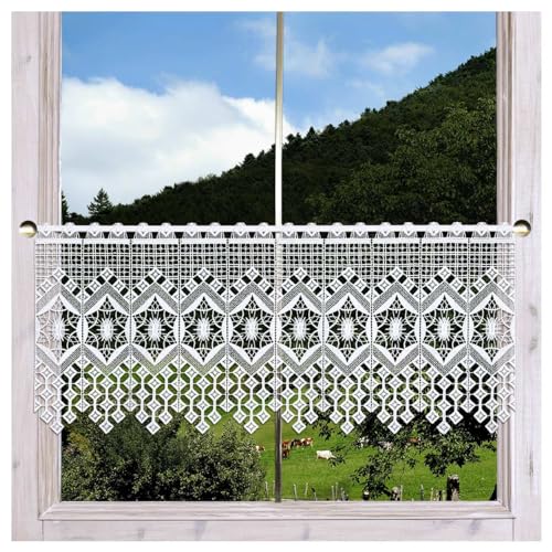 Moderne Scheibengardine Jara Plauener Spitze Scheibenhänger mit geometrischem Rautenmuster weiß 34 x 48 cm von DSD Design-Studio Drechsler