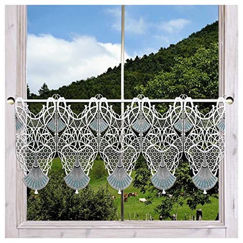 Feenhaus-Scheibengardine Romina weiß-blau Vogtländische Spitze | ausgefallene, kunstvolle Luftspitze mit geometrischem Muster im Fächer-Design, filigran geschwungene Linien Höhe x Breite 38 x 80 cm von DSD Design-Studio Drechsler