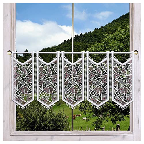 Scheibengardine Adina in weiß-rot Moderne Plauener Spitze Mini-Scheibenhänger mit geometrischem Muster 37 x 176 cm von DSD Design-Studio Drechsler