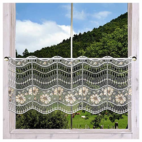 Feenhaus-Scheibengardine Hibiskus weiß-beige Vogtländische Spitze | ausgefallene, kunstvolle Luftspitze mit Natur-Muster im Plissee-Design, Scheibenhänger mit filigranen Linien HxB 35 x 64 cm von DSD Design-Studio Drechsler