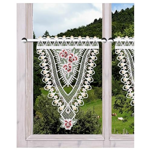 Scheibenhänger Viola im Sonnenschein groß Vogtländische Spitze Höhe x Breite 35 x 23 cm - Sommer-Scheibengardine mit Blüten - modernes Motiv mit Veilchen - Spitzengardine Blumenwiese in rot-weiß von DSD Design-Studio Drechsler