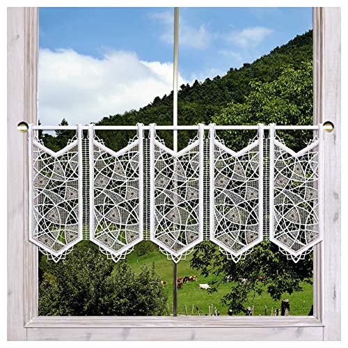 Spitzengardine Adina in weiß-beige Moderne Plauener Spitze Scheibenhänger mit geometrischem Muster 37 x 96 cm von DSD Design-Studio Drechsler