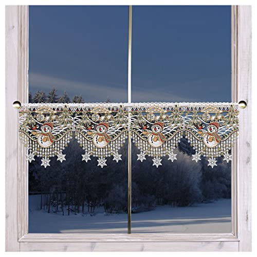 Weihnachts-Feenhausgardine Winterfreunde Scheibenhänger mit Schneemann Plauener Spitze 22 cm hoch von DSD Design-Studio Drechsler