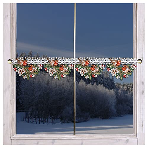 Winter-Feenhausgardine Rotkehlchen auf Tannenzweig Advents-Scheibenhänger Plauener Spitze 14 cm von DSD Design-Studio Drechsler