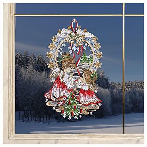 Winter-Fensterbild Engelchen mit Weihnachtsbaum Plauener Spitze Advents-Dekoration 30 x 18 cm von DSD Design-Studio Drechsler