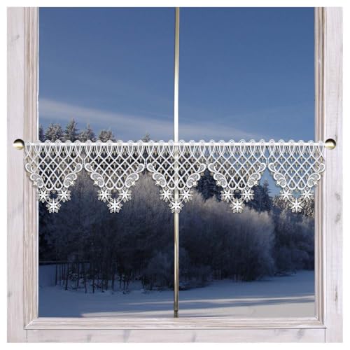 Wintergardine Weihnachtsträumerei mit Stern | Feenhaus-Spitzengardine Plauener Spitze | Scheibenhänger mit Schneeflocken Schneesternen | Stickerei weiß-Gold |Verschiedene Breiten | 21 cm hoch von DSD Design-Studio Drechsler