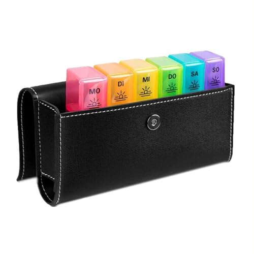 DSDGVDFBV Schwarz, Tablettenbox 7 Tage Medikamentenbox Pillendose Morgens Mittags Abends Reise Mit PU Leder Mit Lederetui von DSDGVDFBV