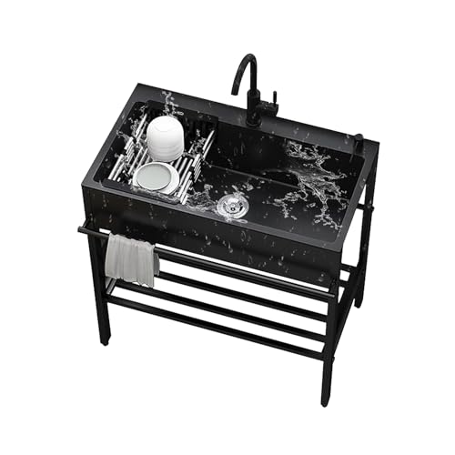 Schwarz Edelstahl Freistehende Spültisch Spülbecken Küchenspüle,Moderne 1 Becken Waschtisch,Waschbecken Organizer,mit Lagerplattform,mit Warm Kaltwasserhahn,for Outdoor Garten Waschküche. von DSEWTEZXI