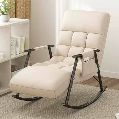 Modern Gepolstert Schlafzimmer Rocking Chair, Komfortabel Wohnzimmer Armlehnen Schaukelstuhl, Atmungsaktiv relaxsessel mit Seitentaschen, Verstellbare Höhe der Rückenlehne und Fußstütze ( Color : Beig von DSEWTEZXI