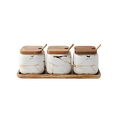 DSFHKUYB Zuckerdose, Gewürzschale aus Keramikmarmor mit Etikettendeckel und Löffel, Dosen Salz Salz Pfefferbehälter Küchenutensilien Tablett 3-teiliges Haushalts-Set,Weiß von DSFHKUYB