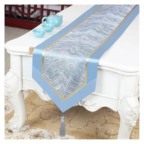 DSFIHJO Satin TischläUfer Goldene Welle Muster Tisch Flagge Satin Quaste Kaffee Tisch Lange Handtuch Schrank Hochzeit Feier Dekorative Tischdecke(Blue 2,33x350cm 1pcs) von DSFIHJO