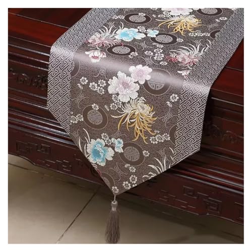 DSFIHJO Satin TischläUfer Stickerei mit Quasten Tischfahne Tee Tischläufer Home Tearoom Esszimmer Hochzeit Tischdekoration(Light Grey,33x150cm) von DSFIHJO