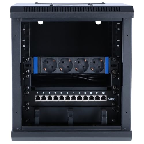 DSIT 10 Zoll Set: 6HE Netzwerkschrank zur Wandmontage – Fachboden – Steckdosenleiste – Kabelführungsleiste – CAT6A STP Patchpanel von DSIT