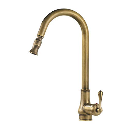 DSJMUY Antik Wasserhahnarmatur Messing Bad, Antik Messing Ausziehbare Küchenarmatur Spültischarmatur mit Herausziehbarem/Ausziehbar Brause 360°Drehbar Wasserhahn Küche Einhebelmischer Spüle Armat von DSJMUY