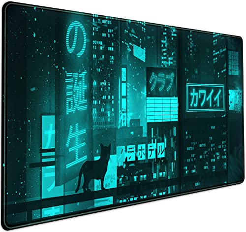 Japanische Schreibtischmatte, Neon-Tokyo, erweitertes Mauspad, Anime-Katzen-Schreibtischunterlage, Gaming-Mauspad XXL, coole Computermatte für Schreibtisch mit genähten Kanten, 31.5x15.7 cm von DSKGSJH