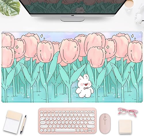 Kawaii Cartoon Kaninchen Schreibtischmatte, niedlich, rosa Tulpen, Schreibtischunterlage, Anime-Blumen-Mauspad, Mädchen Gamer Tastatur Mauspad, Bürodekoration Schreibtischzubehör für Frauen von DSKGSJH