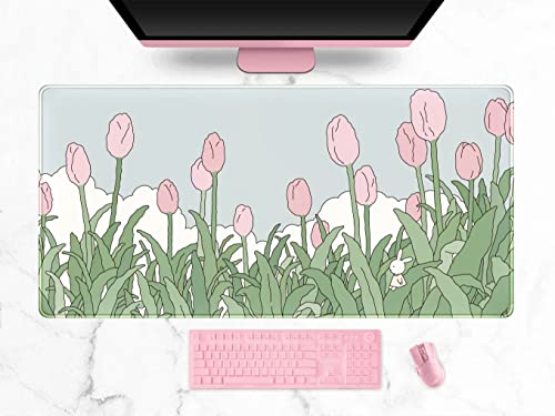 WatercolorTulip Erweitertes Gaming-Mauspad XXL - Kawaii-Anime-Schreibtischmatte, Rosa und Grün - Großes Komplettes Schreibtisch-Mauspad für Kabellose Maus, Tastaturmatte Mit Genähten Kanten WatercolorTulip Erweitertes Gaming-Mauspad XXL - Kawaii-Anime-Schreibtischmatte, Rosa und Grün - Großes Komplettes Schreibtisch-Mauspad für Kabellose Maus, Tastaturmatte Mit Genähten Kanten von DSKGSJH