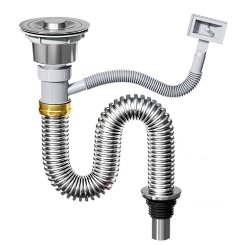 DSKJHI Ablaufgarnitur Spüle mit Überlauf für Einbeckenspüle Universal Röhrensiphon, Küchenspüle Edelstahl Siphon Abläufe Set mit Anschluss 3 1/2"(L: 80cm/31.5in) von DSKJHI