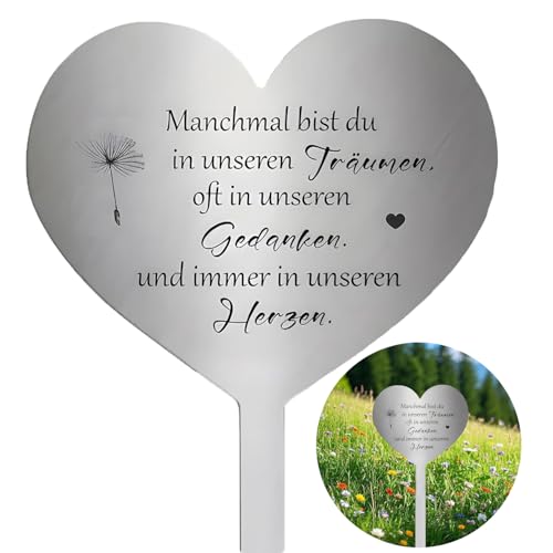 Grabstecker Metall Herz mit Spruch Manchmal Bist du in Unseren Träumen, Oft in Unseren Gedanken und Immer in Unseren Herzen | Wetterfester Grabschmuck | Grabdekoration Dekoherz für Andenken & Trauer von DSLIHA