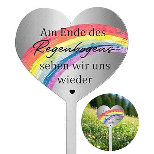 Grabstecker Edelstahl Herz mit Spruch Am Ende des Regenbogens Sehen Wir Uns Wieder & Gravur | Wetterfester Grabschmuck Frostbeständig | Grabdekoration Dekoherz für Gärten, Höfe & Trauer-Andenken von DSLIHA