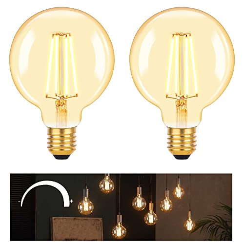 DSLebeen Dimmbar Edison E27 LED Vintage Glühbirne, G95 Warmweiß Lampe, 6W Retro Leuchtmittel Ersetzt 60W Glühlampe, 600LM, 2700K, Leuchtmittel für Bar, Heim, Hotel, Café - 2 Stück(95mm) von DSLebeen