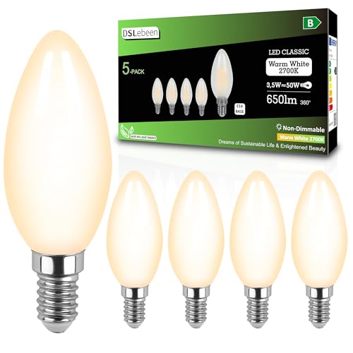DSLebeen C37 E14 LED Kerzenbirne 3.5W 650lm 2700K Warmweiß Mattglas, Ultraeffizient Nicht Dimmbar(Ersetzt 50W Halogen) 5 Stück von DSLebeen