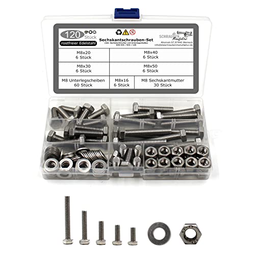 120 teiliges Set aus Sechskantschrauben DIN 933 + Sechskantmutter DIN 934 und Unterlegscheibe DIN 125 Edelstahl Größe M8 von DSM-Verbindungstechnik