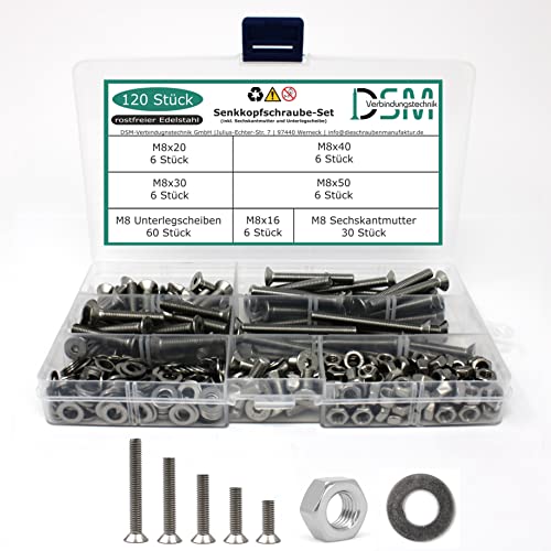 120 teiliges Set aus Senkkopfschrauben ISO 10642 mit ISK-Antrieb + Sechskantmutter DIN 934 + Unterlegscheibe DIN 125 Edelstahl (M8) von DSM-Verbindungstechnik