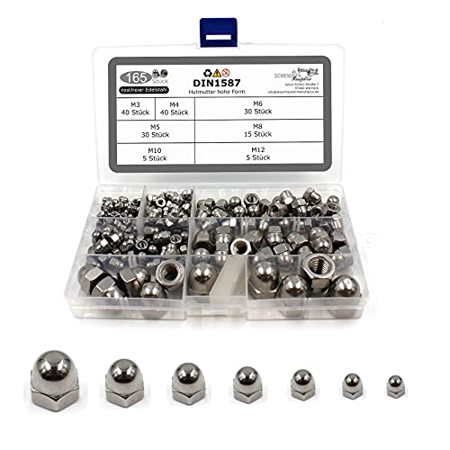 165 teiliges Set aus Hutmuttern hohe Form nach DIN 1587 rostfreier Edelstahl A2 V2A Sechskant-Hutmuttern Größen M3-M12 (165 Teile) 165 teiliges Set aus Hutmuttern hohe Form nach DIN 1587 rostfreier Edelstahl A2 V2A Sechskant-Hutmuttern Größen M3-M12 (165 Teile) von DSM-Verbindungstechnik