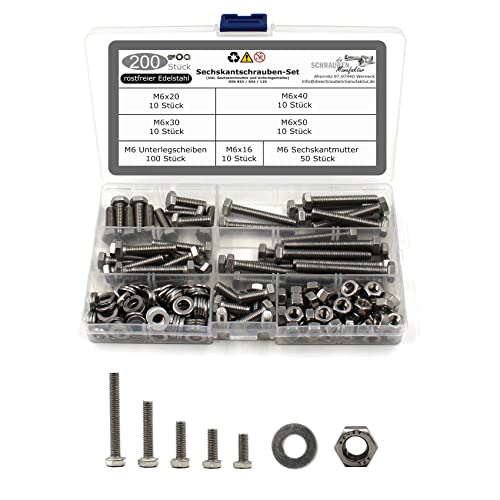 200 teiliges Set aus Sechskantschrauben DIN 933 + Sechskantmutter DIN 934 und Unterlegscheibe DIN 125 Edelstahl Größe M6 von DSM-Verbindungstechnik