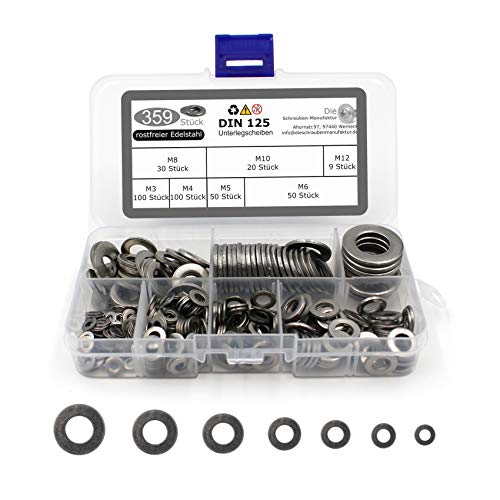 359 teiliges Set Unterlegscheiben Form A ohne Fase nach DIN 125 / ISO 7089 Standartausführung rostfreier Edelstahl A2 V2A, Beilagscheiben Größen M3 M4 M5 M6 M8 M10 M12 von DSM-Verbindungstechnik