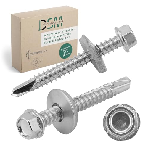 DSM | Bohrschrauben mit Sechskantkopf DIN 7504 | 5,5 x 19 mm | Edelstahl A2 | mit EPDM-Dichtungsscheibe 16 mm | rostfrei & selbstbohrend | geeignet für Weichmetalle, Aluminium, Blech | 50 Stück von DSM-Verbindungstechnik