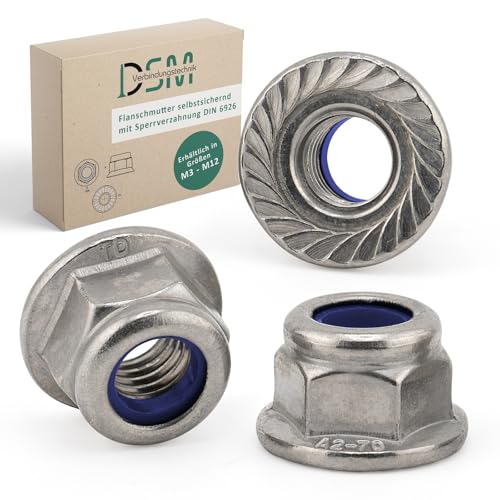DSM – Flanschmuttern M6 – Edelstahl A2/V2A – Sicherungsmuttern DIN 6926 – Selbstsichernd mit Sperrverzahnung – Sechskantmutter mit Flansch – Stopmuttern korrosionsbeständig Klemmmutter – 25 Stück von DSM-Verbindungstechnik