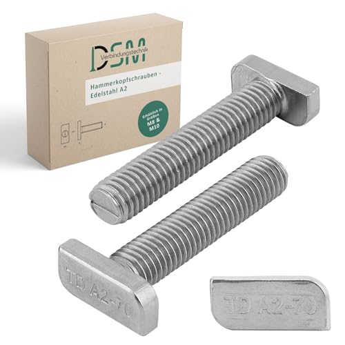 DSM – Hammerkopfschrauben M8 x 70 mm – Edelstahl A2-70, rostfrei – Typ 28/15 – für Montageschienen, Photovoltaik, Solarmodule, PV-Halterungen, C-Profile, Solarmontage und Gewächshäuser, 100 Stück von DSM-Verbindungstechnik
